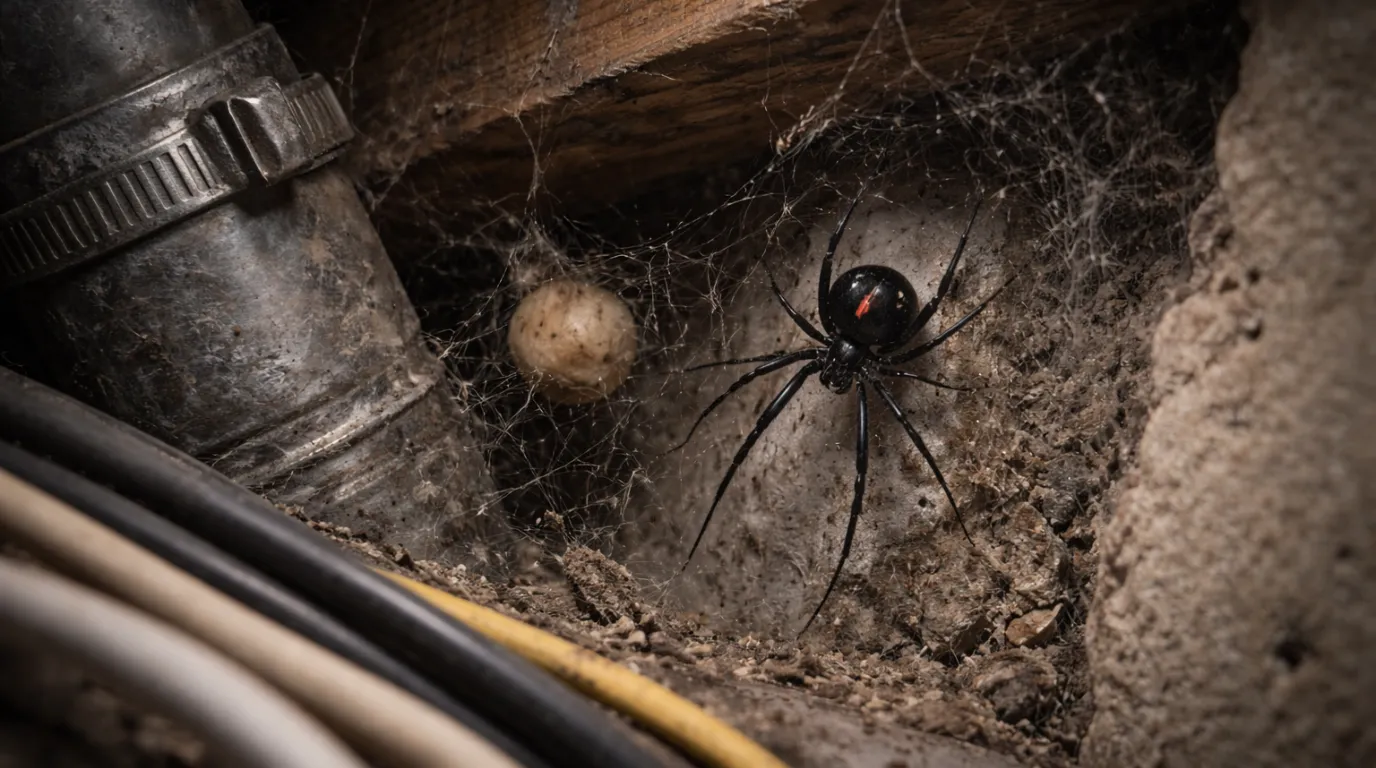 A black widow spider with an egg sac in a dark crawl space near pipes and electrical wires, illustrating hidden household pests